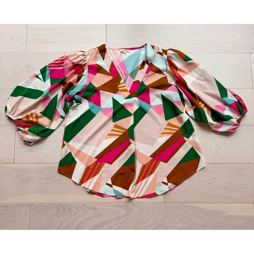 Jodifl Geometric Puff Sleeve Blouse Womens Large Pink Green Abstract Top Boho